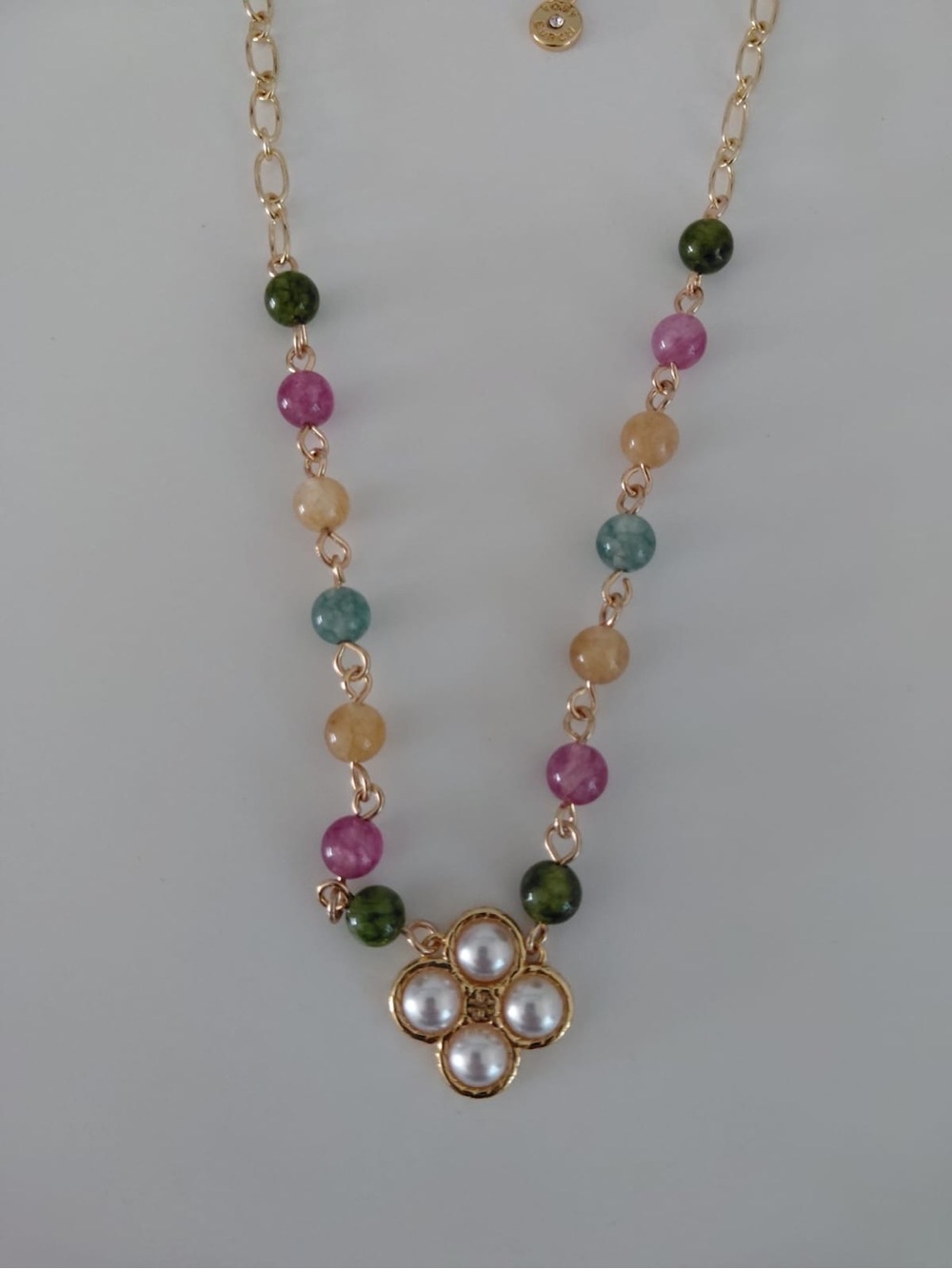 Tory Burch Gold-Tone Multicolor Bead Necklace with Pearl Flower